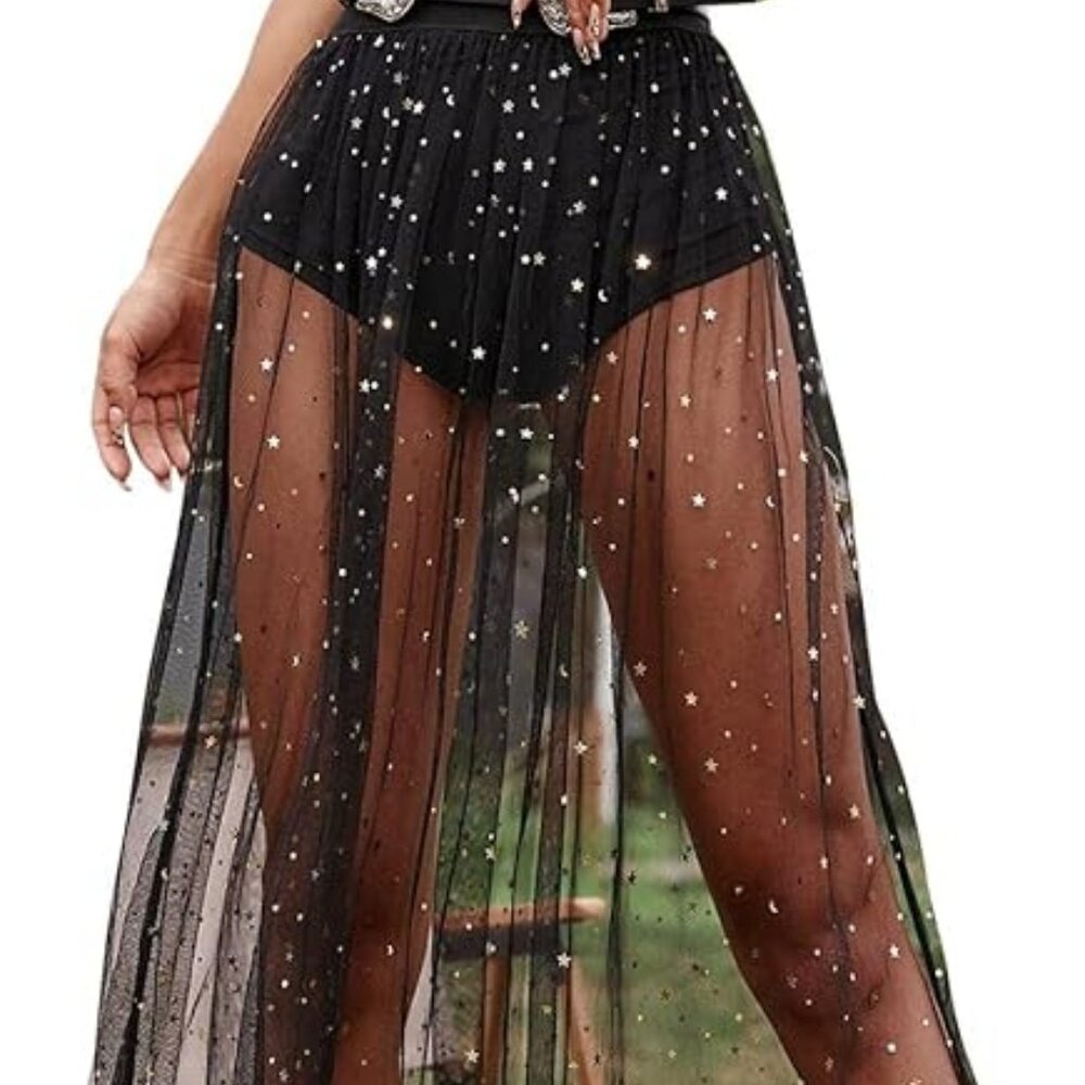 Size L Rave Outfit 2 in 1 Sheer Skirt Festival Clubwear Mesh High Waist Maxi - Picture 2 of 6